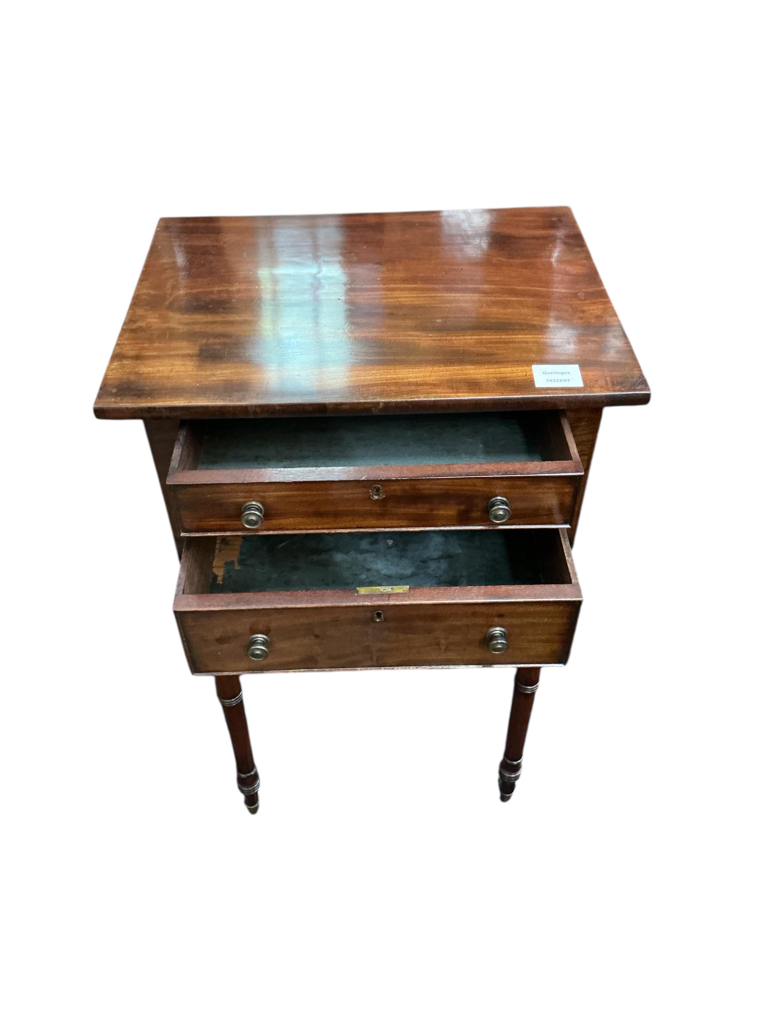A Regency mahogany two drawer work table, width 47cm, depth 36cm, height 78cm